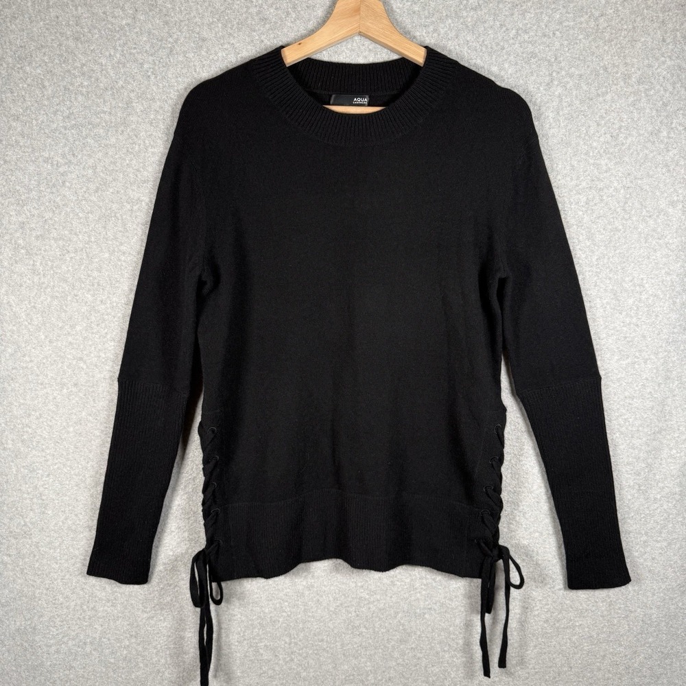 Aqua cashmere sweater womens small black lace side pullover soft black